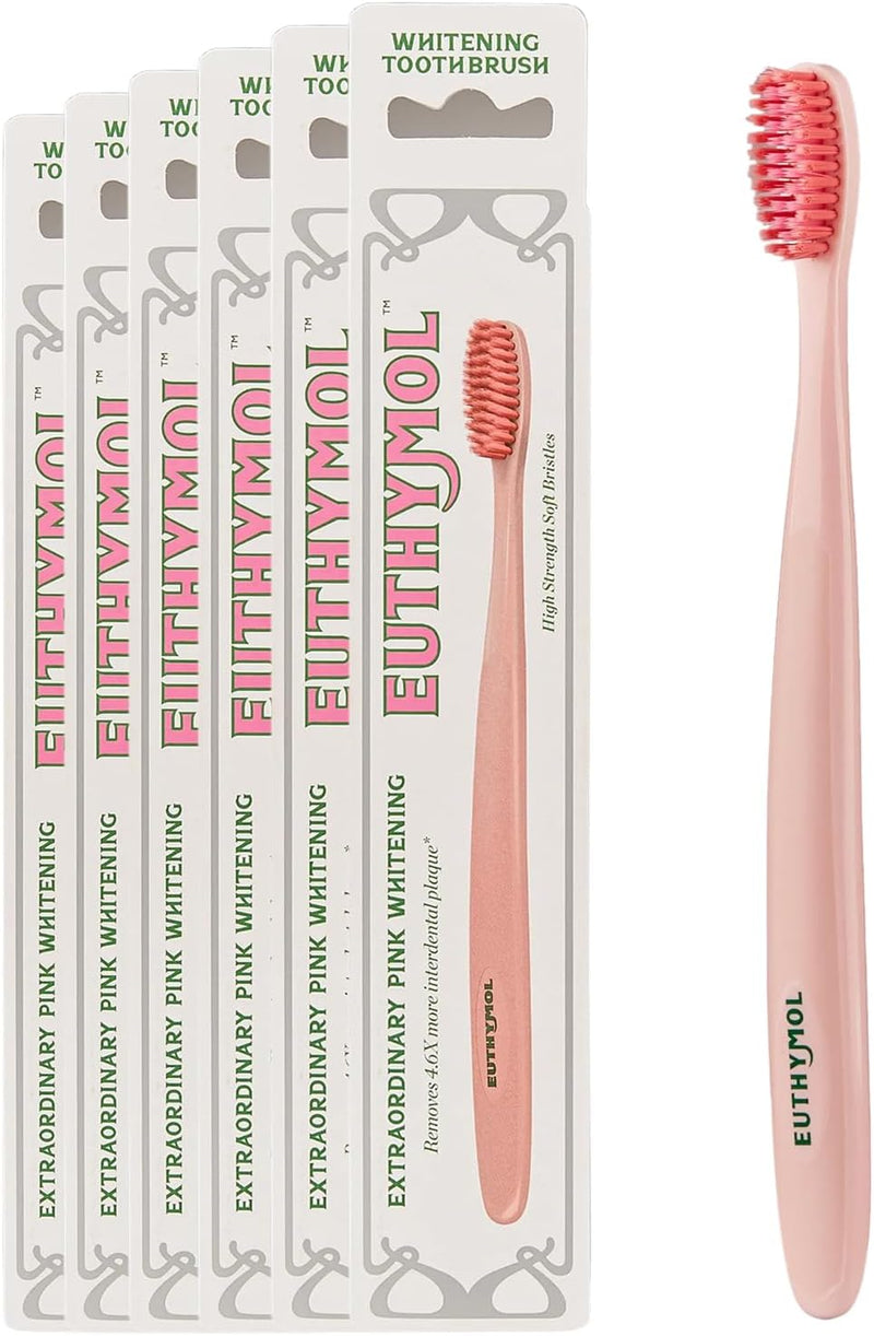 Whitening Toothbrush (White, 6 Count) - Premium Soft Dual-Tension Bristles. Advanced Plaque Removal, Stain Reduction. - Pink