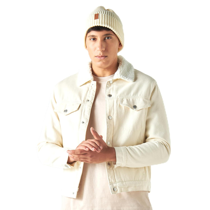 Lee Cooper Men Denim Jacket With Fur Collar And Long Sleeves