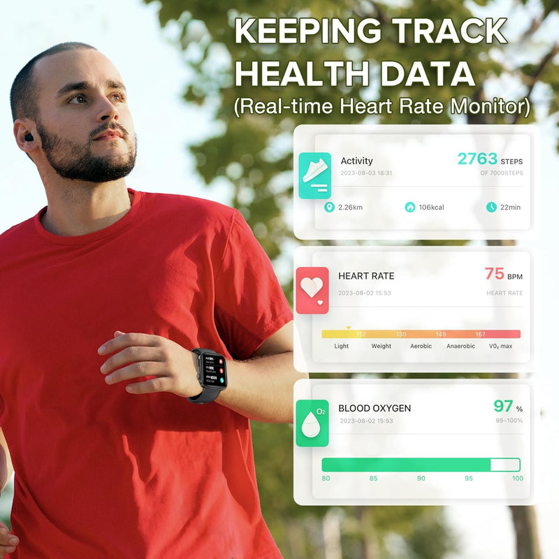 BRIBEJAT Smart Watch for Men Women (Make/Answer Call), HD 2.01'' Smartwatch Waterproof, Fitness Tracker Pedometer SpO2/Heart Rate/Sleep Monitor, Compatible with iPhone Samsung Huawei Android Phone