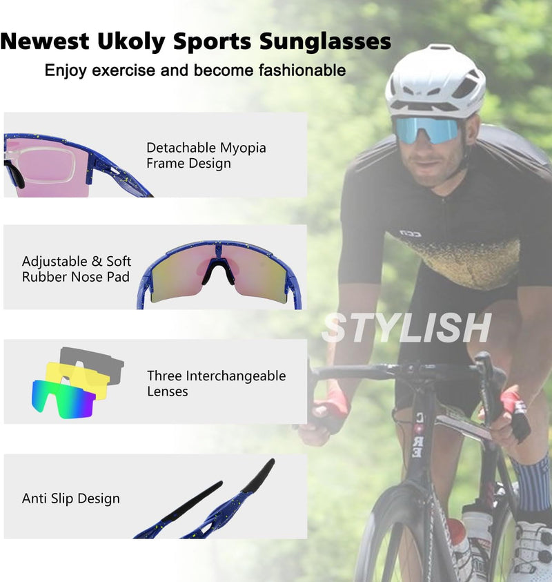 Ukoly Cycling Sunglasses for Men Women with 3 Interchangeable Lenses, Polarized Sports Sunglasses, Baseball Sunglasses