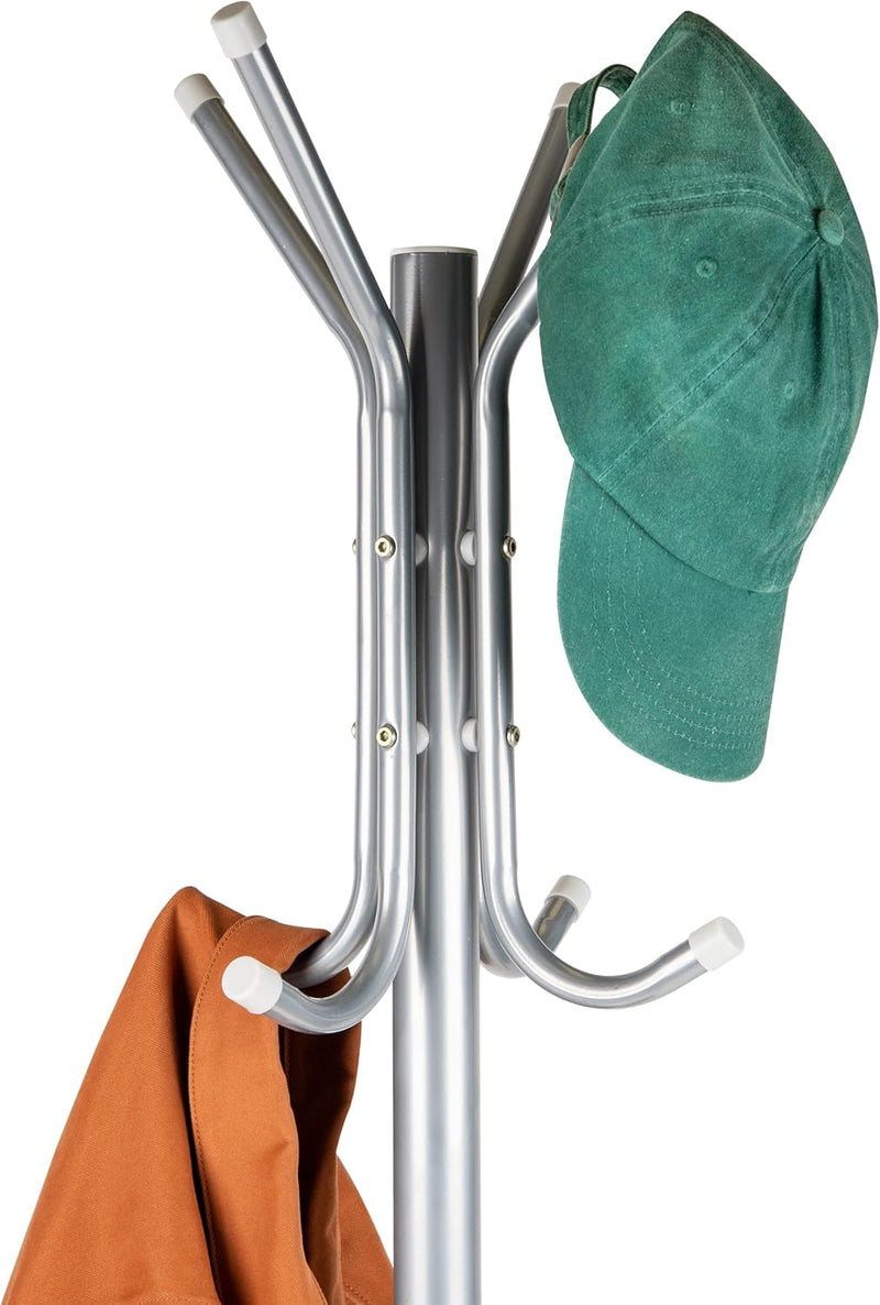 Mind Reader COATRACK11 Standing Metal Coat Rack Hat Hanger 11 Hook for Jacket, Purse, Scarf Rack, Umbrella Tree Stand, Black