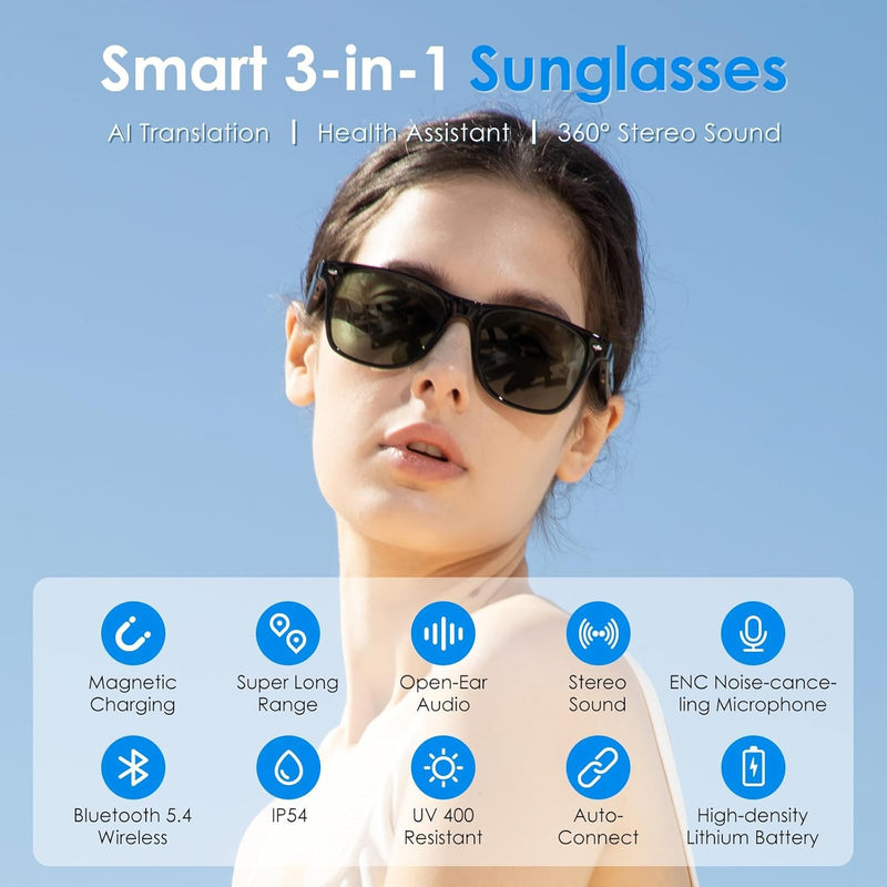 GetD AI Glasses, AI Assistant Powered by ChatGPT, Smart Glasses, Polarised Sunglasses, Bluetooth Smart Sunglasses for Men and Women, 2-in-1 Headphones and Glasses