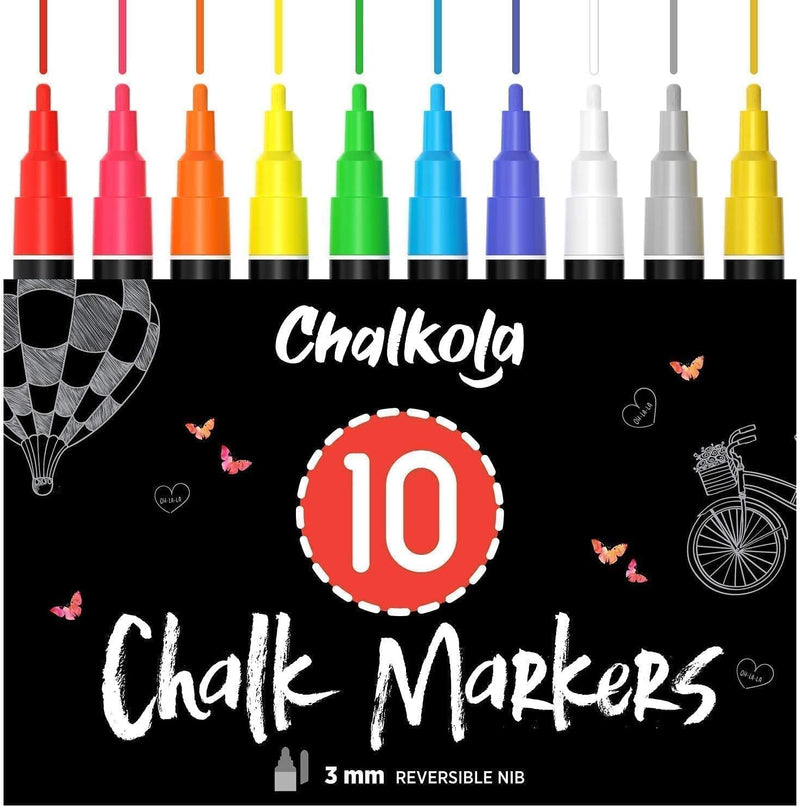 Chalkola Liquid Chalk Markers Erasable (10 Pack) w/Gold & Silver - Washable Paint Chalk Pens for Chalkboard Signs, Blackboard, Car Window, Bistro, Glass, Board - Neon Wet Wipe 6mm Reversible Bold Tip