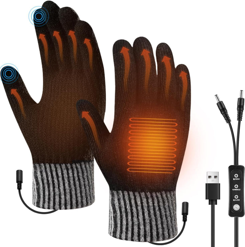 USB Heated Gloves for Men & Women, Double-Side Heating Knitted Wool Gloves with 3 Temperature Settings, Touchscreen Fingers, Machine Washable Hand Warmer Gloves for Office, Outdoor, Travel (Gray)