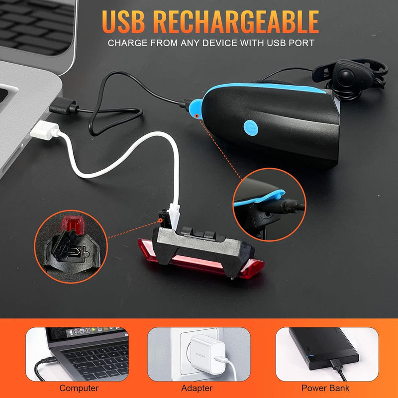 SKY-TOUCH Bike Light Set USB Rechargeable Bycicle LED Accessories Night Cycling Headlight Tail Rear Reflectors for Mountain Bike 4 Lighting Modes, Easy to Install (Blue)