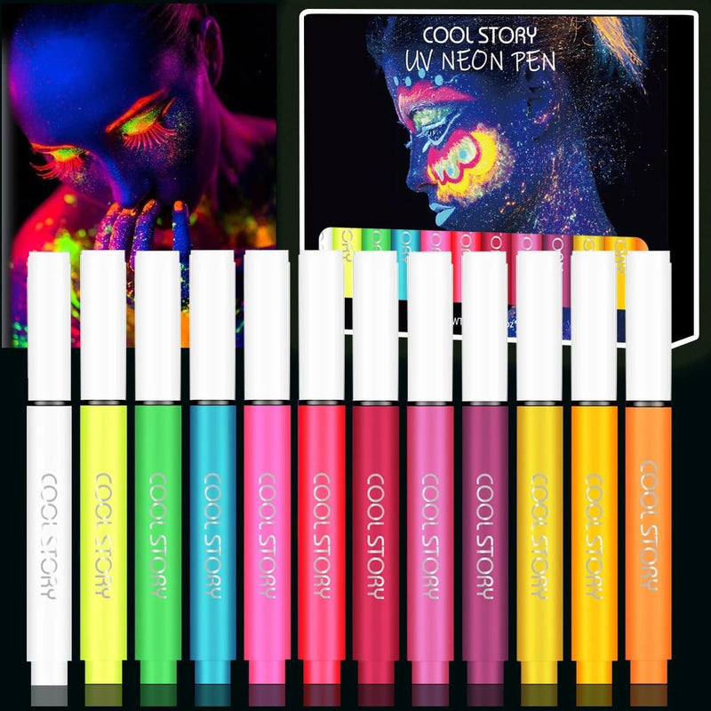 Glow in the Dark Face Paint Pen 12PCS, UV Neon Body Painting Kit for Kids & Adults, Waterproof Smudge-Proof Skin Marker Pens for Halloween Makeup, Tattoo, Festival & Party Eye Body Art