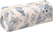 Cute Pencil Case Aesthetic Student Pouch Yellow Bow - Dark Blue Flowers
