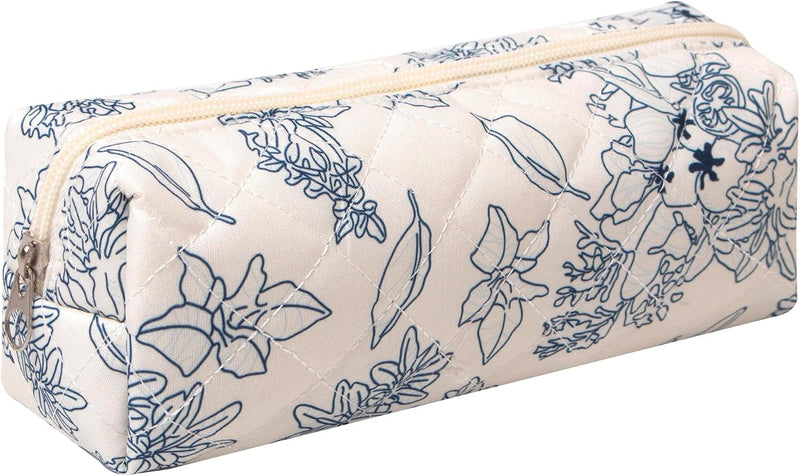 Cute Pencil Case Aesthetic Student Pouch Yellow Bow - Dark Blue Flowers