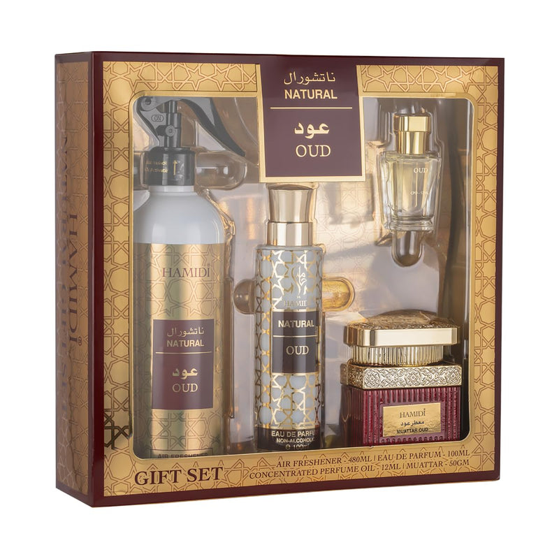Hamidi Home Natural Oud 4 Pieces Gift Set, Air Freshener 480ml, Eau De Parfum 100ml, Perfume Oil CPO 12ml, Muattar 50gm, Fragrances, Use Every where, Smoke Free, Long Lasting, Gifts Hampers