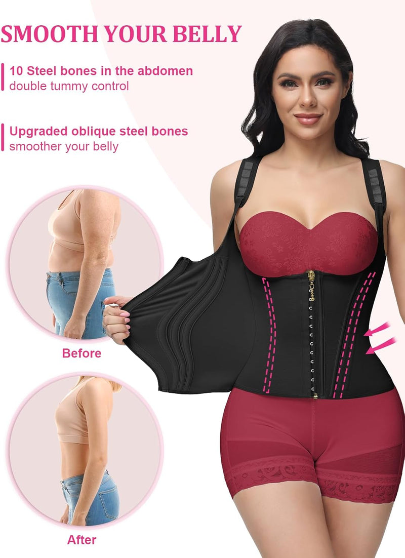 Waist Trainer for Women, Tummy Control Vest for Weight Loss, Corset Shapewear with Adjustable Shoulder Strap, Black, M