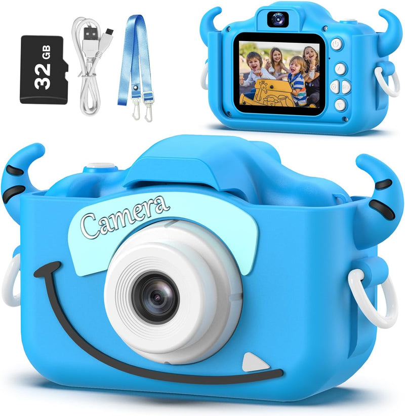 Goopow Kids Camera Toys for 3-8 Year Old Boys,Children Digital Video Camcorder Camera with Cartoon Soft Silicone Cover, Best Birthday Festival Gift for Kids Children - 32G SD Card Included(Light Blue) - Light Blue-NJ