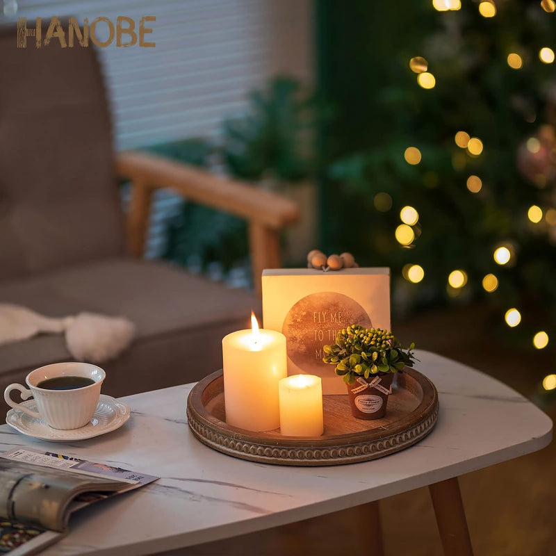 Hanobe Decorative Serving Tray Wood: White Washed Bead Round Tray Decor for Coffee Table Rustic Wooden Trays Farmhouse Centerpiece for Living Room Kitchen Counter