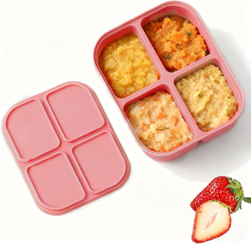 Silicone Food Freezer Tray with Lid, 4 Compartment BPA Free Portion Control Tray for Homemade Sauces & Food Storage, Dishwasher/Microwave/Freezer Safe Ice Cube Maker (Pink) - Pink 4 Compartment