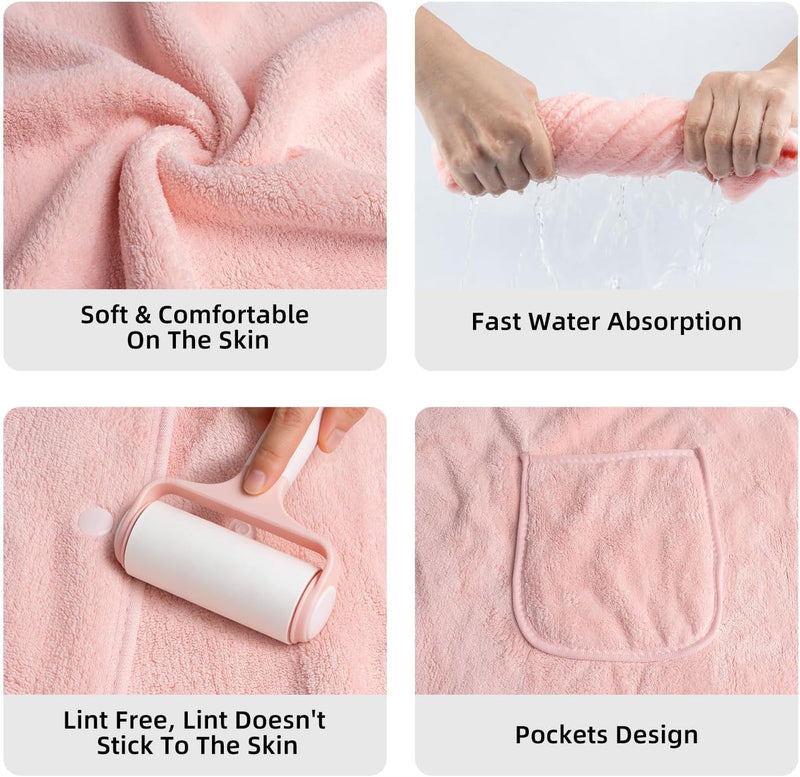 Women Wrap Towel Robe, Soft Highly Absorbent Shower Wrap Bathrobe with Snap Closure, Adjustable Spa Robe for After Bath, Includes Hair Turban, Pink Bathing Wrap for Ladies