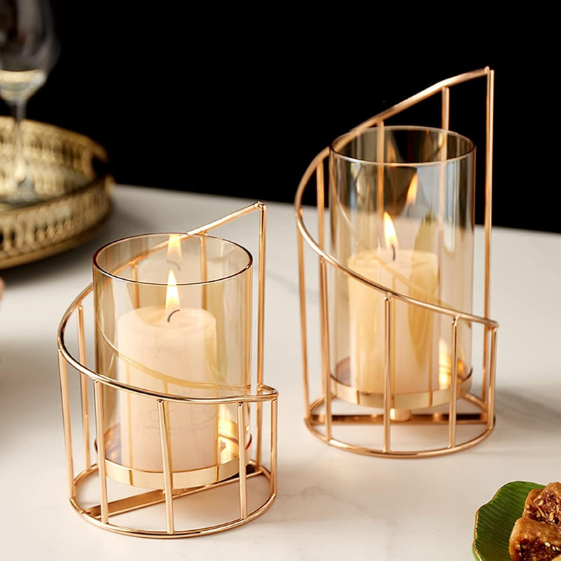 MrMrKura Metal Wire Candle Holder Set of 2, Glass Pillar Candle Holders Gold Decorative Tea Light Candleholders for Home Decor Table Decorations Centerpiece (Spiral)