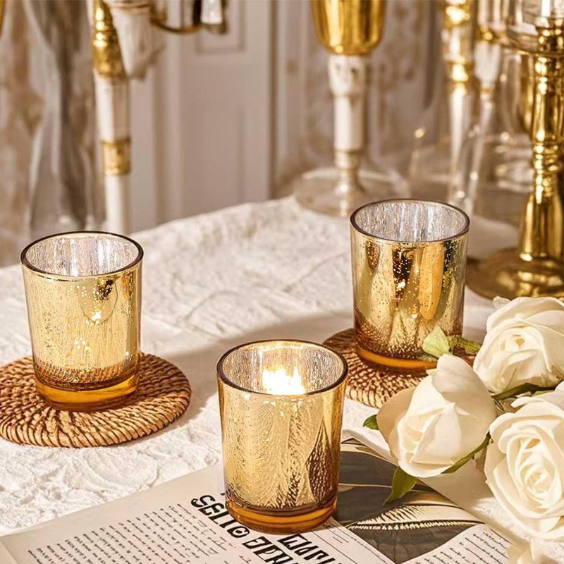 Tea Light Candle Holders, 12 Pack Glass Gold Tealight Holder, Gold Party Decorations, Tea Light Mercury Candle Holder Set for Wedding,Holiday,Home Decor, Valentine Party Ramadan/Eid Decorations