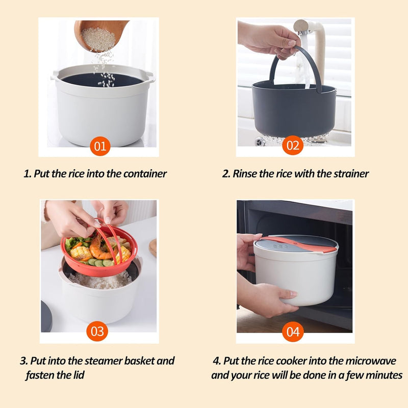 Microwave Rice Cooker, 2L Microwave Steamer Set with Rice Scoop, Lid, Strainer and Steaming Pot, Microwave Rice Maker Set for Pasta, Potato, Vegetables, Quinoa, Oatmeal, Non-stick, BPA Free (Orange)