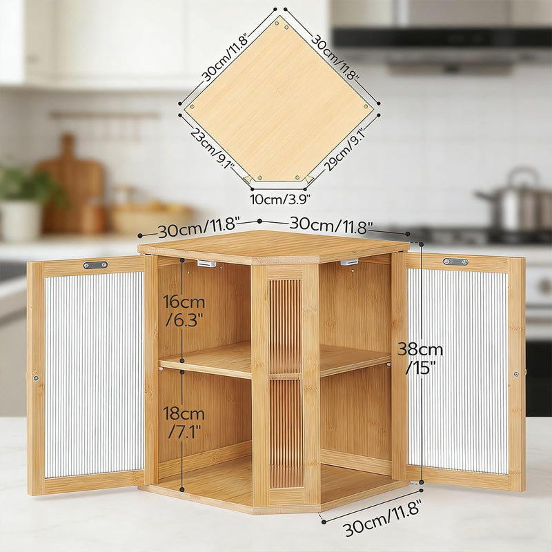 Bamboo Bread Box, Kitchen Countertop Corner Bread Box, Large Capacity 2-Tier Bread Container, Bread Storage Container with Dual Rippled Acrylic Doors, for Kitchen Food Storage