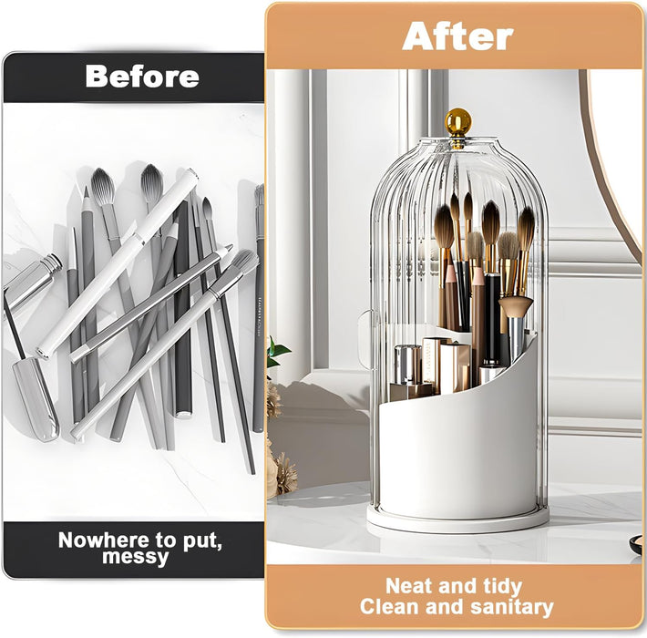 FOREENIU Modern Transparent Black Makeup Brush Holder Organizer with 360° Rotating Clear Dust Cover, 3 Compartment Cosmetic Organizer for Vanity, Desktop, Bathroom