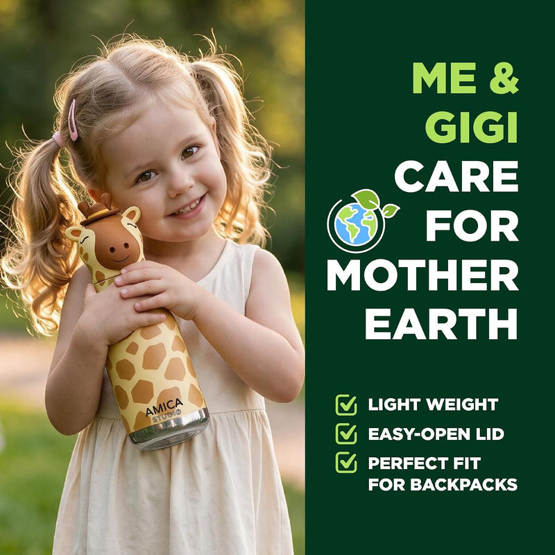 Kids Water Bottle 460ml Insulated Stainless Steel - AMICA STUDIO (Gigi Giraffe)