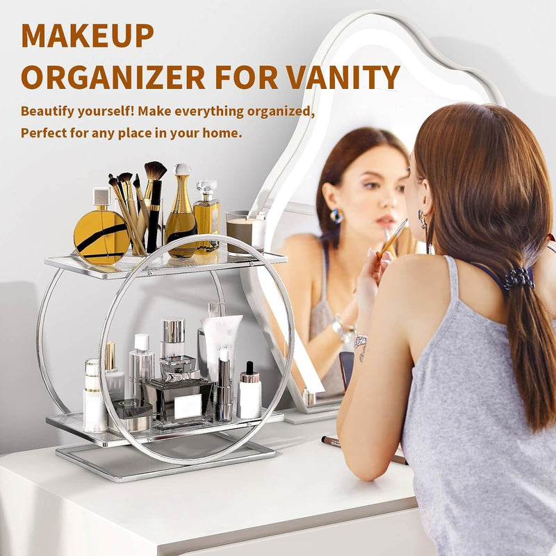 WEKOTEE Makeup Organizer for Vanity, Black Gold Perfume Organizer for Dresser- 2 Tier Skincare Organizers Bathroom Countertop Organizer, Make Up Counter Shelf Cosmetic Display Tray (55-02)