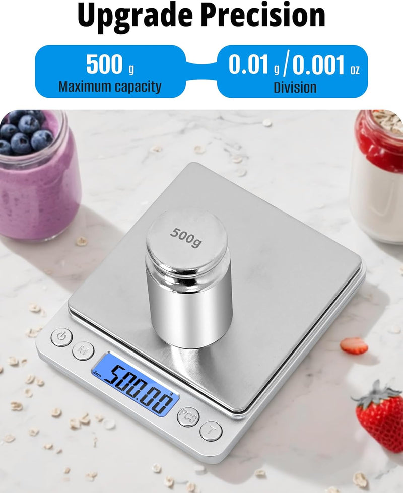 NEXT-SHINE Digital Kitchen Scale 500 x 0.01 Gram, Pocket Size with PCS Tare Switch Weighing Units Function, Stainless Steel Platform