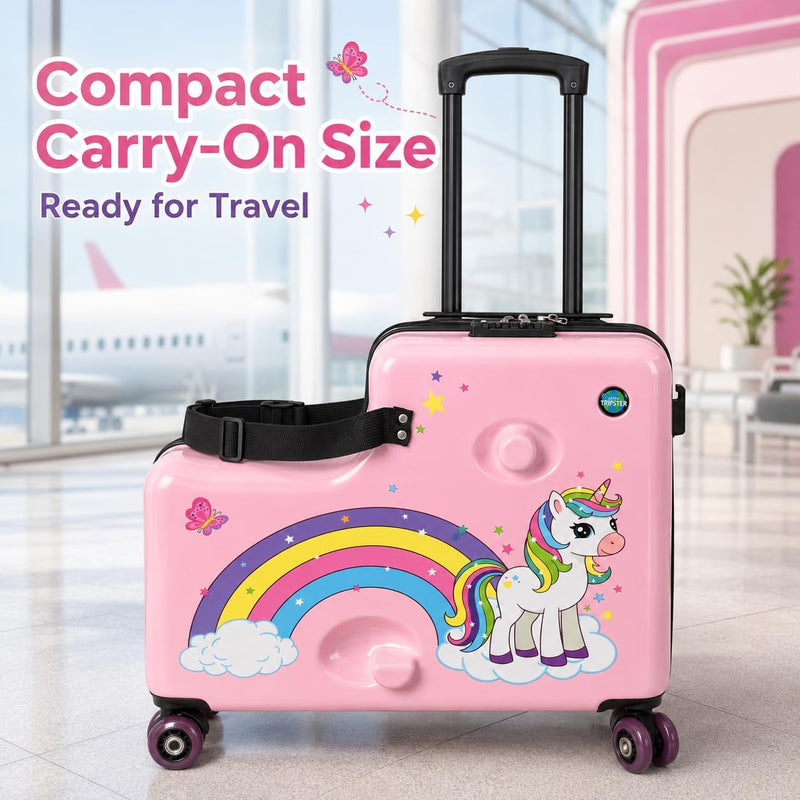 Kids Ride On Suitcase for Girls, Pink Unicorn Toddler Travel Luggage, Carry On Friendly Rideable Trolley Case with Seat, Pull Strap and Wheels, for Ages 2-6, Up to 80 lb