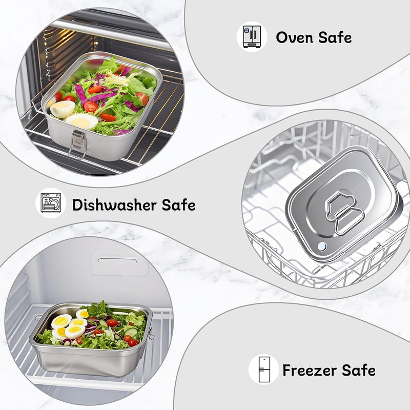 Stainless Steel Bento Box with Leak-Proof Lid and 3-Grid Divider, 1800ml Large Lunch Container with Utensils, Double Layer Metal Food Box for Adults, Kids, Office, Picnic, Camping, Meal Prep (Silver)
