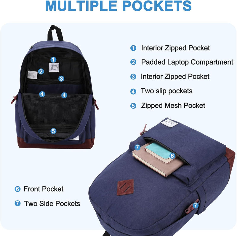 VASCHY Men's Backpack, Women's Waterproof School Bag, Boy Girl Computer 15.6 Inch Vintage for School, College, Work, Travel, Leisure
