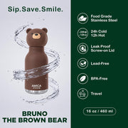 Kids Water Bottle 460ml Insulated Stainless Steel - AMICA STUDIO (Bruno Bear)