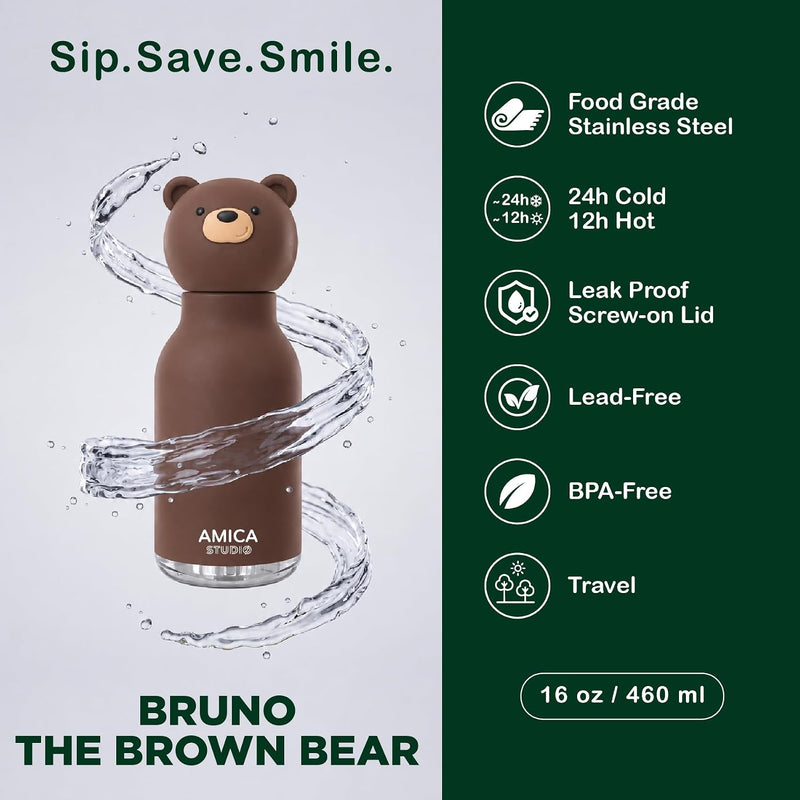 Kids Water Bottle 460ml Insulated Stainless Steel - AMICA STUDIO (Bruno Bear)