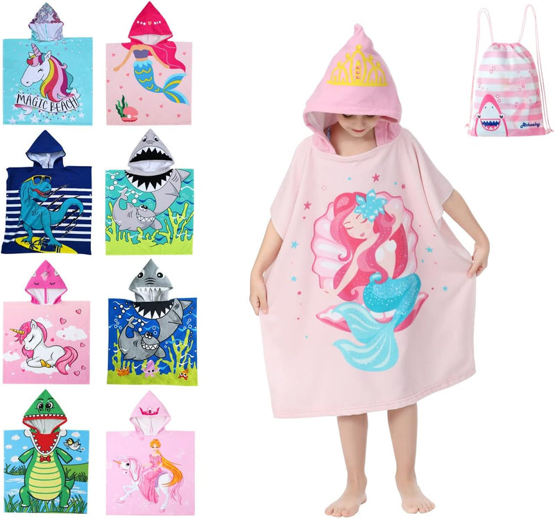 Soft Microfiber Swim Towel with Hood for Bath and Beach, for Kids Ages 3-10, Dinosaur 2 - Sleeping Mermaid Fits 3-10 years