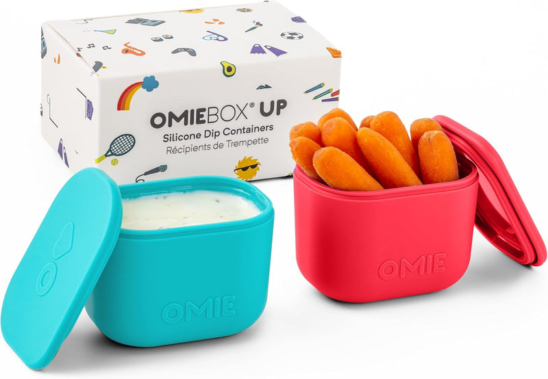 OmieBox (2 pack) Leakproof Dips Containers To Go, Salad Dressing Container, Condiment Container with Lids - Food Safe Silicone - 4 ounces (Sea Blue/Green) - 4.5 ounces Pink/Teal