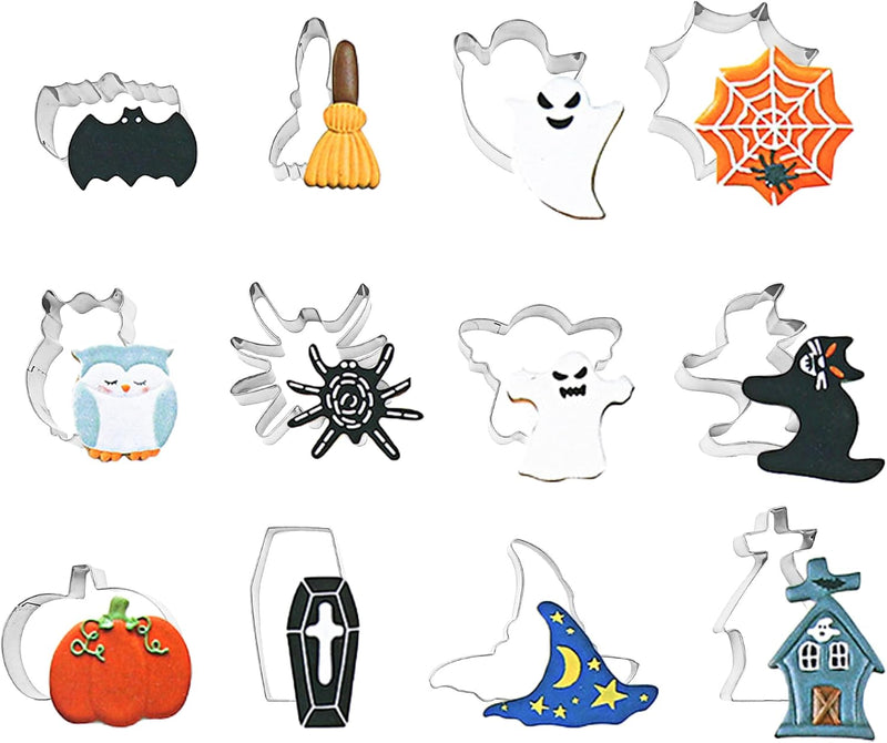 Christmas Cookie Cutters 12PCS Stainless Steel Baking Mould Kit Set, Pumpkin, Bat, Ghost, Cat, Witch shaped Halloween Party Supplies Decorations Treats
