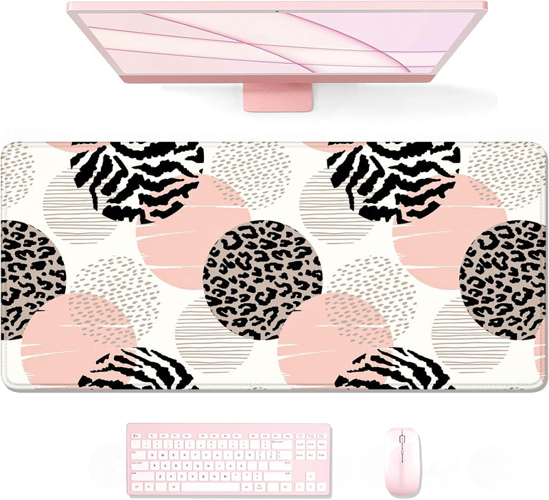 Auhoahsil Desk Pad, XXL Large Mouse Extended Gaming Mousepad, Cute Mat for Women, Big Office Accessories Pad Computer Keyboard and Laptop, 35.5 x 15.7 Inch, Pretty Pink Flowers, Girly Flowers - 36 Pink Dots Leopard 35.5L x 15.7W inches