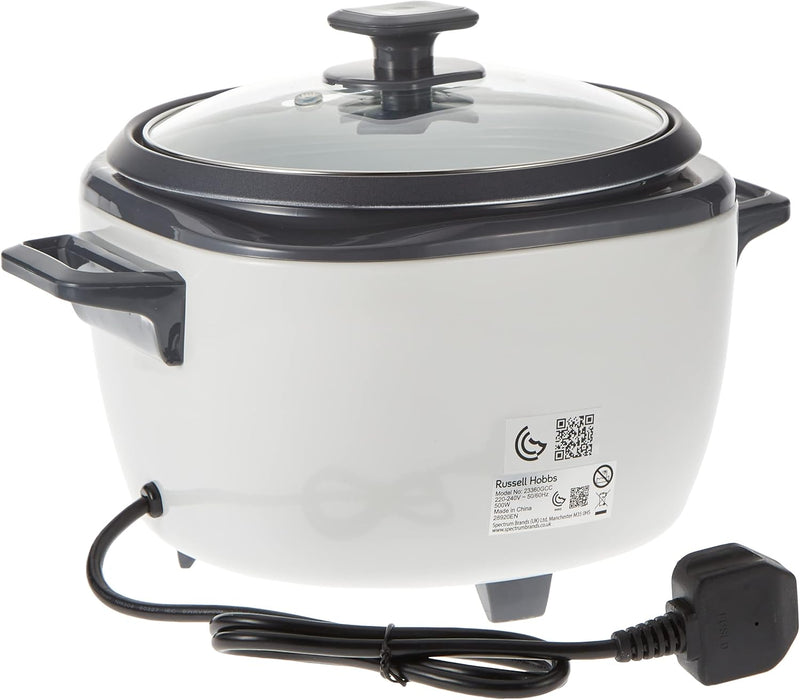 Russell Hobbs (27040GCC) Medium Rice Cooker & Steamer - 2L, Versatile Cooking, Keep Warm, Non-Stick, Glass Lid, White, 500W - 1-Year Warranty