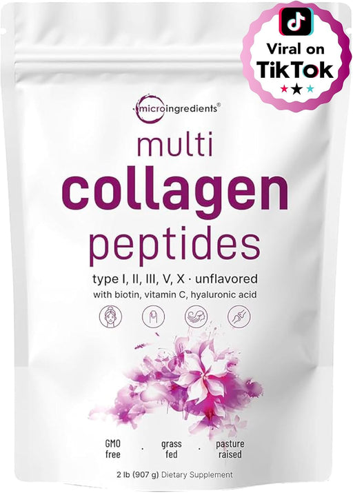 Multi Collagen Peptides Powder, 2lb (82 Servings) Hydrolyzed Type I,II,III,V,X with Biotin, Hyaluronic Acid, Vitamin C Unflavored Collagen for Women & Men, Easy Dissolve