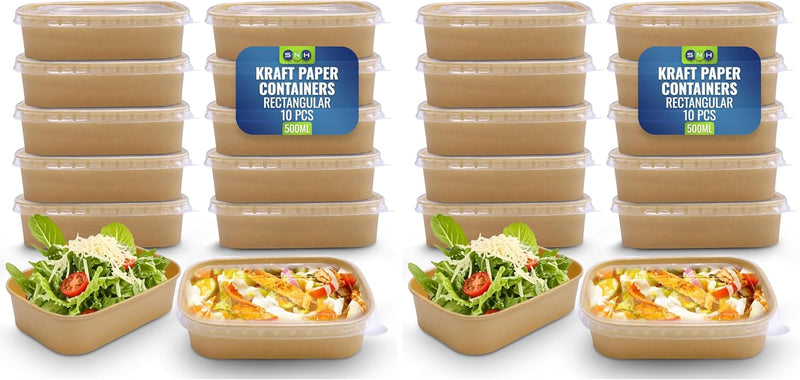 Disposable 25-Pack Kraft Paper Containers 500 ml with Lid, Rectangular Disposable Bowls, Sturdy Food Salad Containers, Eco-Friendly Takeaway Lunch Boxes, Microwave Safe, Heavy Duty Meal Prep Box - Brown (Pack 10) 500 ml (Pack of 2)