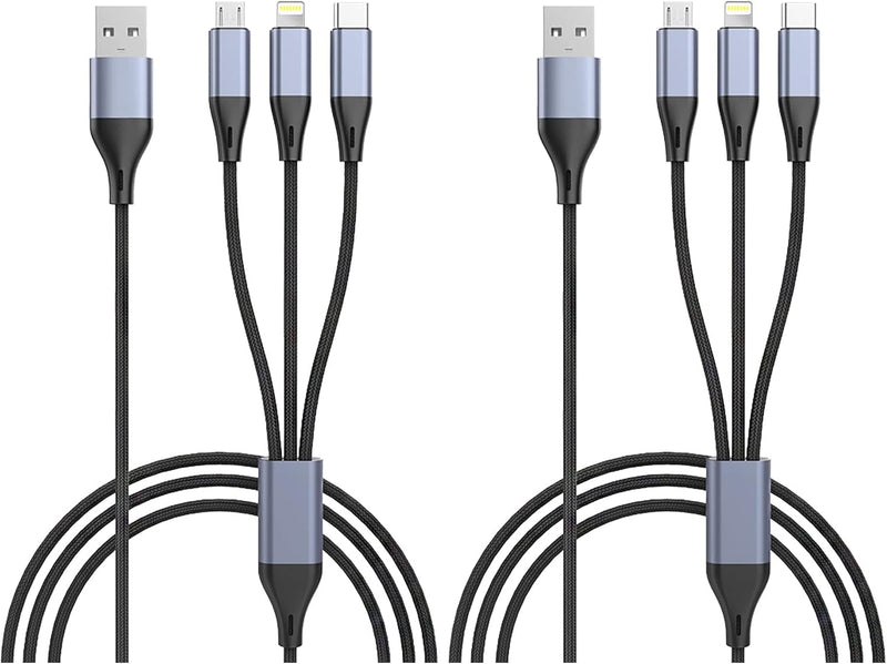 SKY-TOUCH 3 in 1 USB Phone Charger Cables 5A Fast Braided Nylon Unbreakable Charging Cable, Universal Multiple Ports Charging Cord with USB C/Micro USB/IOS Connector for Phones - 1 PCS (Pack of 2)