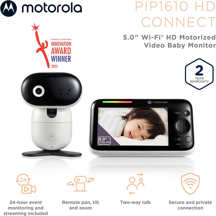 Motorola Nursery PIP1610 - Two 5" Display HD Camera Baby Monitors W/ 2-Way Audio, WiFi, App Connectivity, & 1000 FT Range - Wall Mount W/Remote Pan/Tilt/Zoom, Room Temp, & Lullabies
