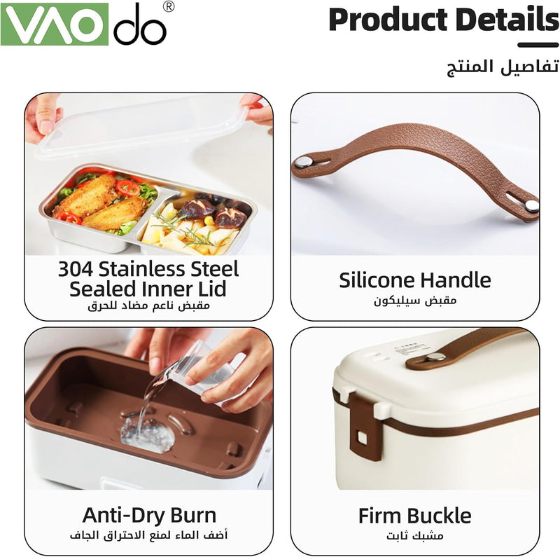 VAODO Electric Lunch Box Food Heater, 3 Layers 2L Portable Electric Heated Insulated Lunch Box, Multifunctional Food Warmer Container, Steam Cooker with Rice Set, with Egg Holder, Black