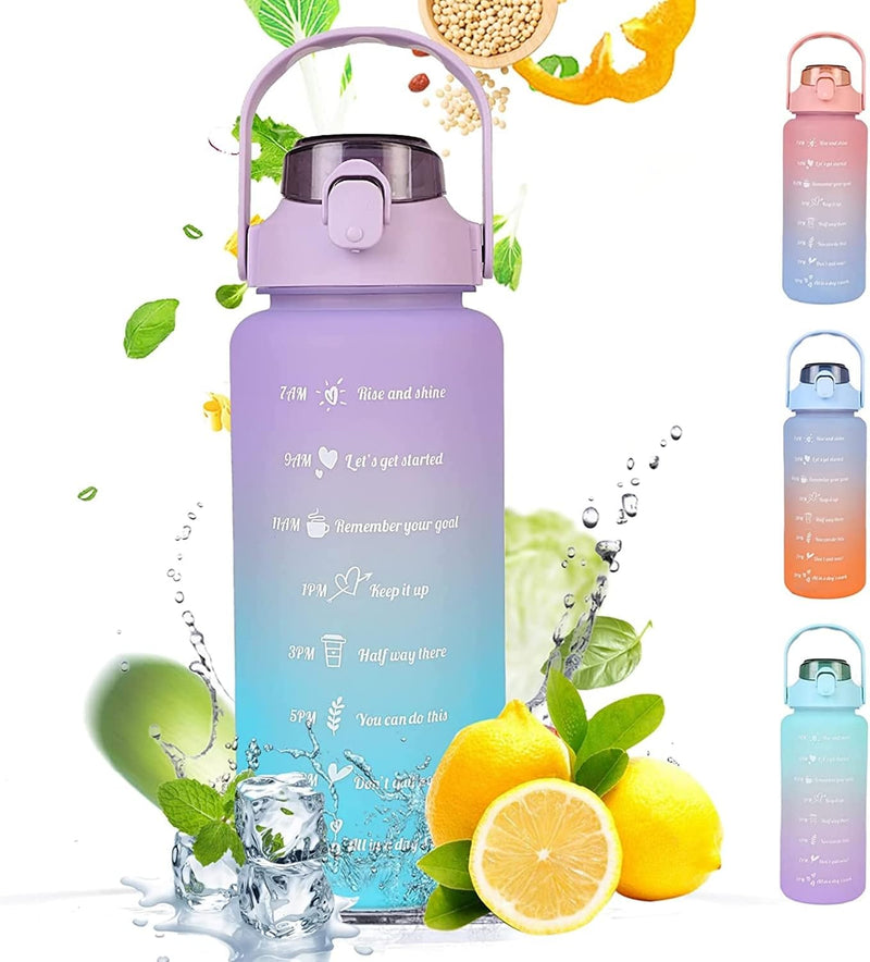 2L Water Bottle with Straw 64 Oz Motivational Sports Water Bottle with Time Capacity Marker BPA Free Big Large Gym Cycling Water Bottle Cup Jug for Kids School Outdoor Fitness (Peach Blue) - Lavender Sapphire