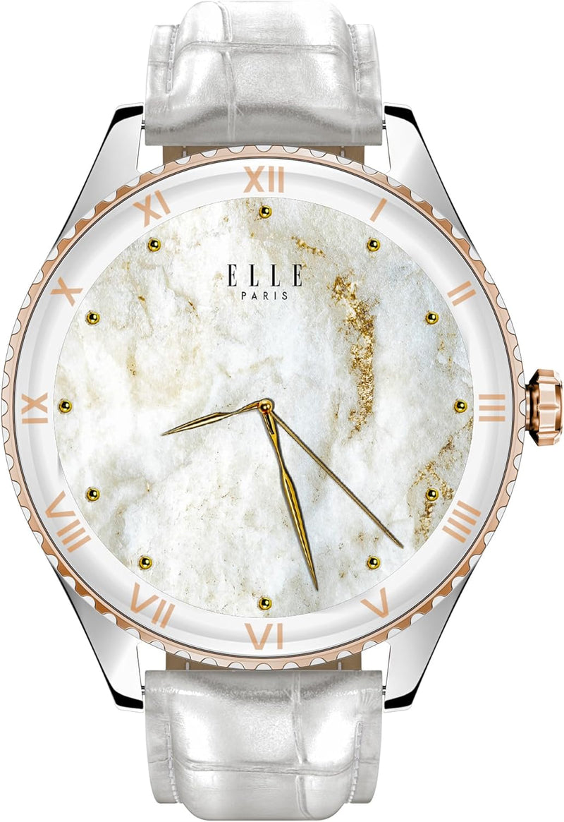 Elle Soleil Women’s Smartwatch 1.19'' AMOLED, Bluetooth Calling, Multilingual, Wireless Charging, Fitness Tracking, IP68, iOS/Android Compatible, Silver Frame & White Leather Starp + 2 Premium Straps