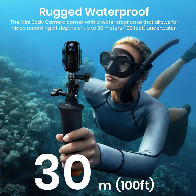 Poat Action Camera, Mini Pov Camera for vlogging, IPX7 Waterproof, Body Camera with 120 Wide Angle, POV Recording for Diving, 10+ Accessories Helmet Cam for Motorcycle, Cycling (64G-Card) - Black