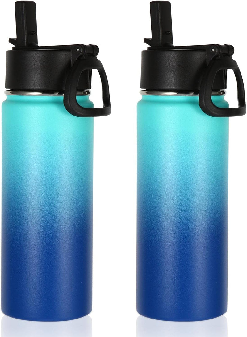 18oz Kids Insulated Water Bottle,Stainless Steel Water Bottles with Straw Lid,Wide Mouth Reusable Metal Sports Water Flask,Double Wall Vacuum Travel Cups For Cold Drink(Dark Night,1 Set) - Green Blue 2