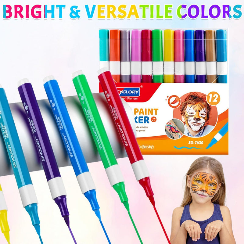 12 Colors Face Paint Set for Kids, Washable Non-Toxic Body Paint Kit, Easy Clean Skin-Friendly Face Painting for Festivals, Parties, Halloween, and Fancy Dress Events