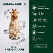 Kids Water Bottle 460ml Insulated Stainless Steel - AMICA STUDIO (Gigi Giraffe)