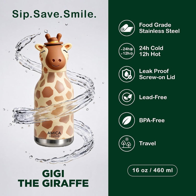 Kids Water Bottle 460ml Insulated Stainless Steel - AMICA STUDIO (Gigi Giraffe)