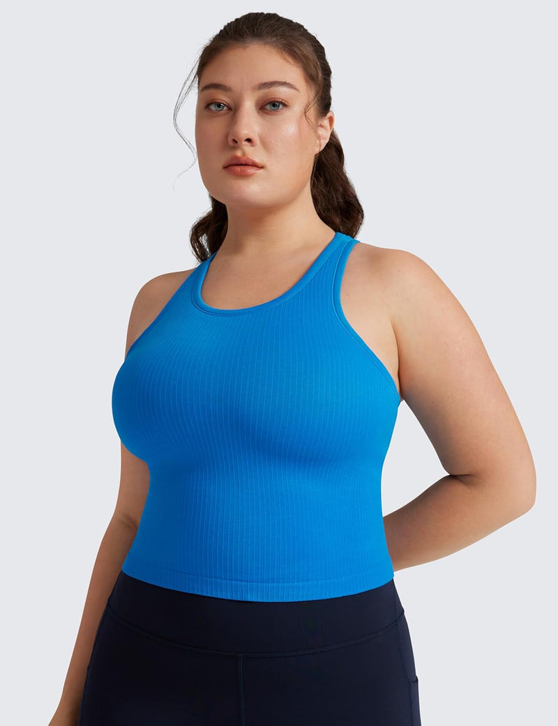 CRZ YOGA Womens Seamless Ribbed Longline High Neck Sports Bra - Racerback Padded Slim Fit Crop Tank Top with Built in Bra