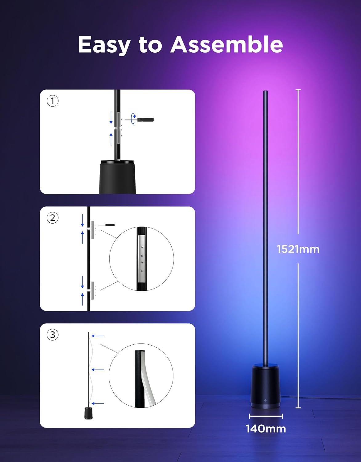 LED Floor Lamp 3 Lite RGBICWW, 1400lm Smart Standing Lamp 152cm 2700-6500K, 105+Scene, AI Bot 2.0, DIY, Music Sync, Work with Alexa Matter, Black, Corner Floor Lamp for Bedroom Living Room – image 7